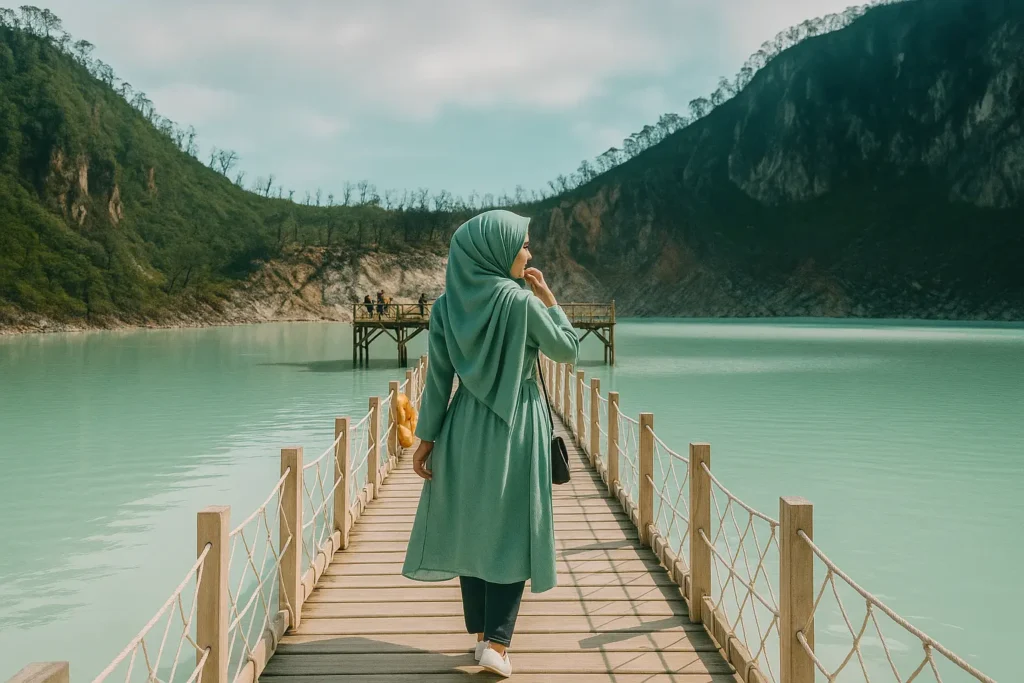Pemandangan Kawah Putih yang ikonik dengan danau berwarna toska, landskap belerang, dan seorang pengunjung di jembatan kayu.