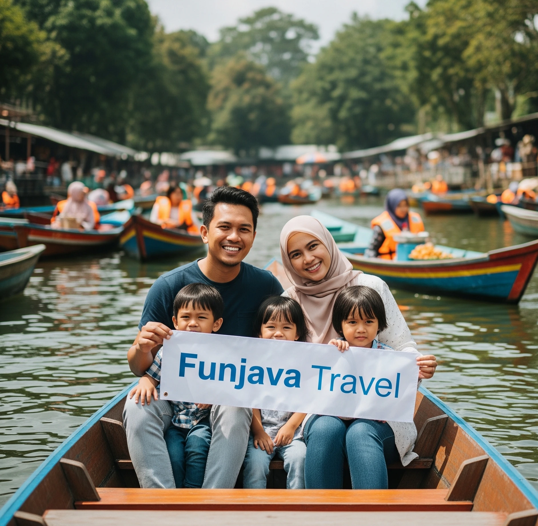 Keluarga gembira di atas bot, nikmati pakej percutian Bandung Jakarta bersama Funjava Travel