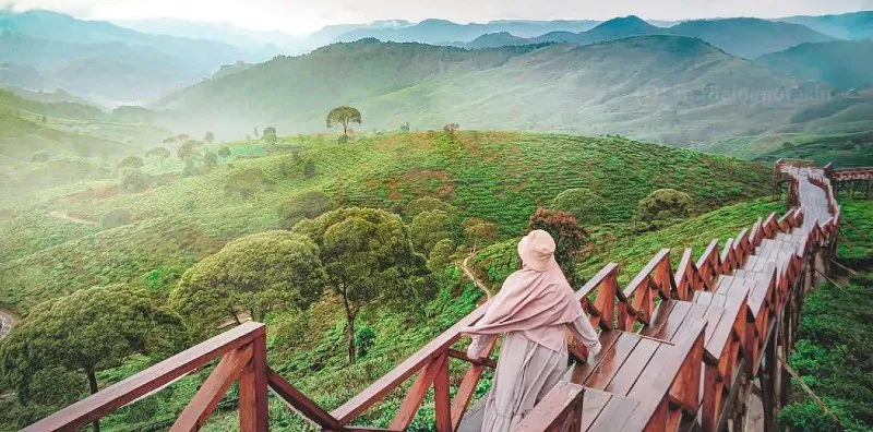 Seorang wanita berfoto di jembatan kayu yang ikonik dengan pemandangan perbukitan di Taman Langit Pangalengan.